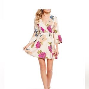 Billabong Pink Divine Floral 3/4 sleeve mini dress with Tan Accents